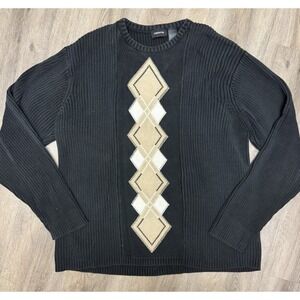 VTG Claiborne Japan Argyle Knit Sweater Black Tan L 90s Ribbed Cotton
